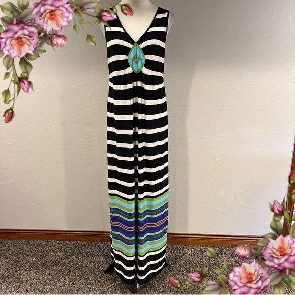 Striped Maxi Dress with Multicolor Accents - Picture 1 of 12